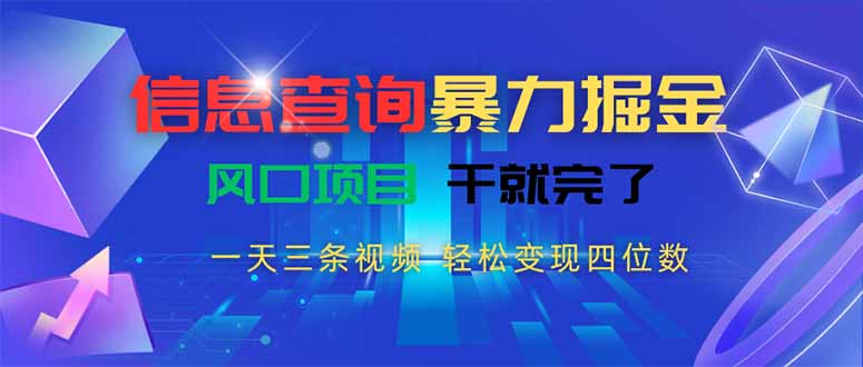 信息查询暴力掘金，一天三条视频 轻松变现四位数，风口项目干就完了-U9联盟