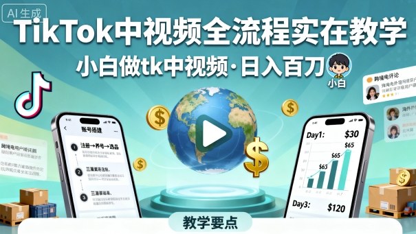 TikTok中视频全流程实操教学，小白做tk中视频，日入百刀-U9联盟