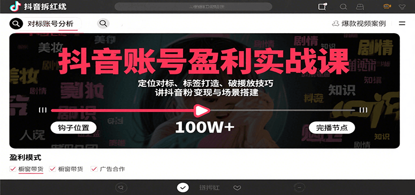 抖音账号盈利实战课，定位对标、标签打造、破播放技巧，讲涨粉变现与场景搭建-U9联盟