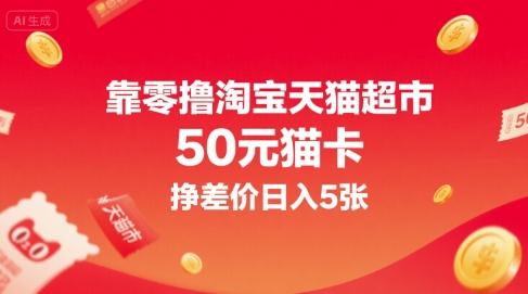 靠零撸淘宝天猫超市50元猫卡，挣差价日入5张-U9联盟