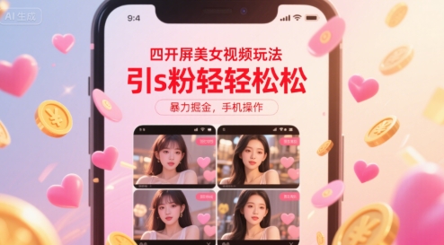 四开屏美女视频玩法，引s粉轻轻松松，暴力掘金，手机操作【揭秘】-U9联盟