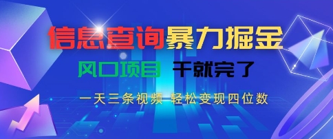信息查询暴力掘金，一天三条视频，轻松变现四位数，风口项目干就完了【揭秘】-U9联盟