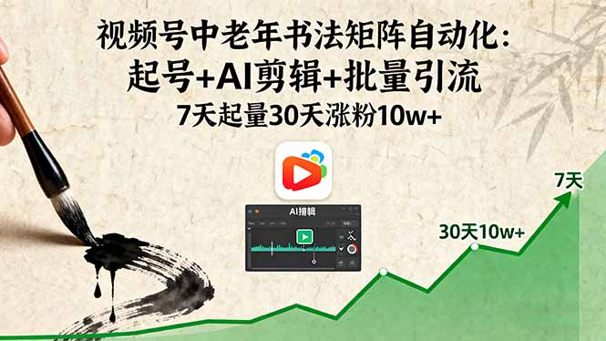 视频号中老年书法矩阵自动化：起号+AI剪辑+批量引流 7天起量30天涨粉10w+-U9联盟