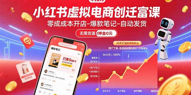 小红书虚拟电商创富课：零成本开店/爆款笔记/自动发货,30天打造被动收入-U9联盟