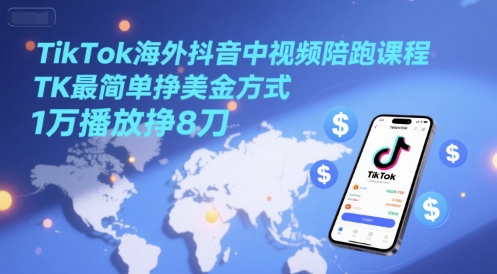 TikTok海外抖音中视频陪跑课程，TK最简单挣美金方式，1万播放挣8刀-U9联盟