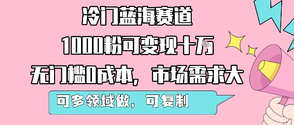 冷门蓝海赛道，1000粉可变现十W，无门槛0成本，市场需求大，可多领域做，可复制性强-U9联盟