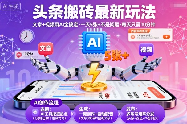 头条搬砖最新玩法，文章+视频用AI全搞定，一天5张+不是问题，每天只需10分钟-U9联盟