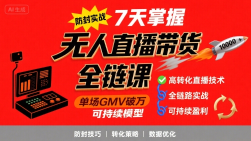 无人直播带货全链防封实战课，7天掌握高转化直播技术，实现单场GMV破万可持续模型-U9联盟