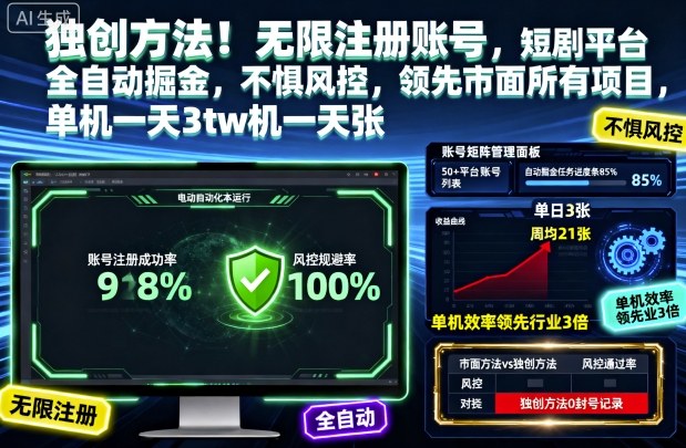 独创方法！无限注册账号，短剧平台全自动掘金，不惧风控，领先市面所有项目，单机一天3张【揭秘】-U9联盟
