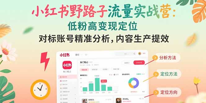 小红书野路子流量实战营：低粉高变现定位 对标账号精准分析 内容生产提效-U9联盟