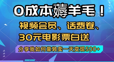 0成本薅羊毛!视频会员、话费卷、30元电影票白送，分享我如何靠转卖一天变现5张+【揭秘】-U9联盟