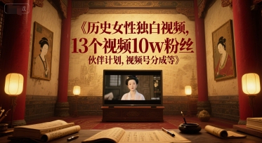 历史女性独白视频，13个视频10w粉丝，伙伴计划，视频号分成等-U9联盟