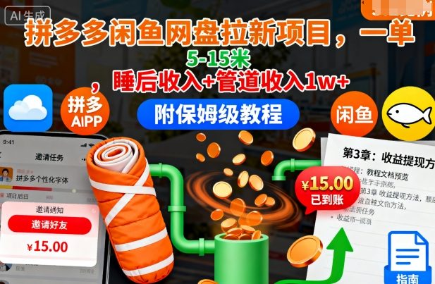 拼多多闲鱼网盘拉新项目，一单5-15米，睡后收入+管道收入1w+(附保姆级教程)-U9联盟