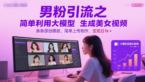 男粉引流之简单利用大模型生成美女视频，条条原创爆款，简单上传制作，变现日1k+-U9联盟