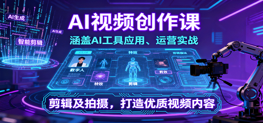 AI视频创作课，涵盖AI工具应用、运营实战、剪辑及拍摄，打造优质视频内容-U9联盟