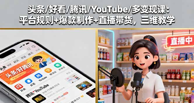 头条/好看/腾讯/YouTube/多变现课：平台规则+爆款制作+直播带货，三维教学-U9联盟