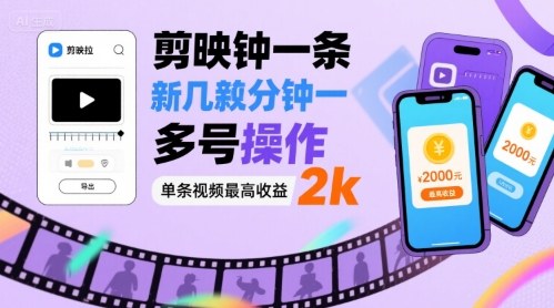 剪映拉新几分钟一条视频，可多号操作，单条视频最高收益2k-U9联盟