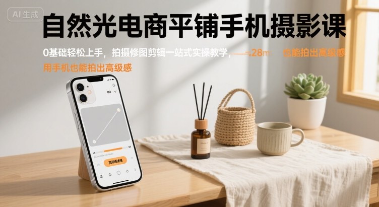 自然光电商平铺手机摄影课，0基础轻松上手，拍摄修图剪辑一站式实操教学，用手机也能拍出高级感-U9联盟