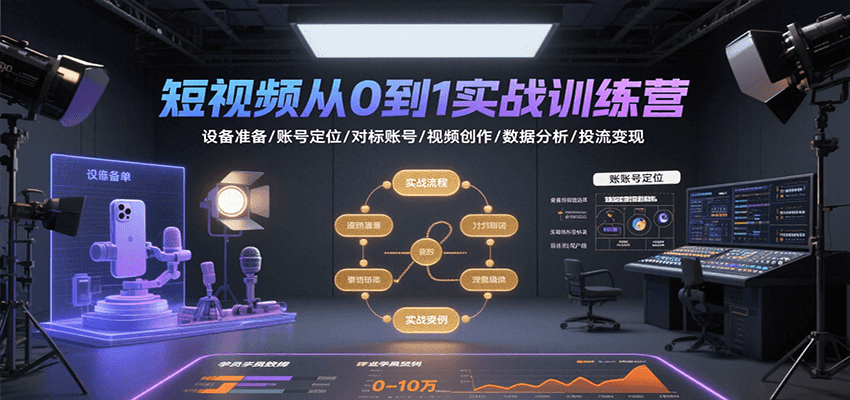 短视频从0到1实战训练营：设备准备/账号定位/对标账号/视频创作/数据分析/投流变现-U9联盟