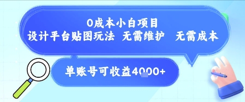 0成本小白项目，设计平台贴图玩法，无需维护，无需成本，单账号单月可产生收益4k+-U9联盟