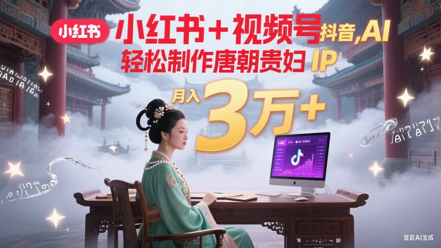小红书+视频号+抖音，AI轻松制作唐朝贵妇IP，毒鸡汤、励志、减肥瘦身、养生赛道轻松切入，每天30分钟，轻松产出N条，月入3万+-U9联盟