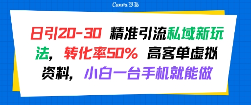 日引 20-30 精准引流私域新玩法，转化率50% 高客单虚拟资料，小白一台手机就能做-U9联盟