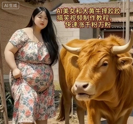 AI美女和大黄牛摔跤搞笑荒诞视频制作教程，快速涨千粉万粉-U9联盟