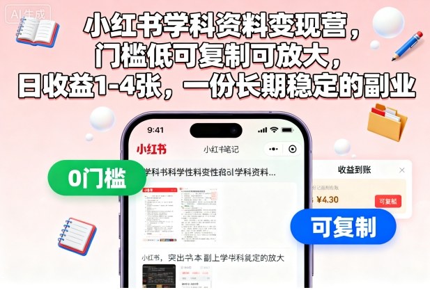 小红书学科资料变现营，门槛低可复制可放大，日收益1-4张，一份长期稳定的副业-U9联盟