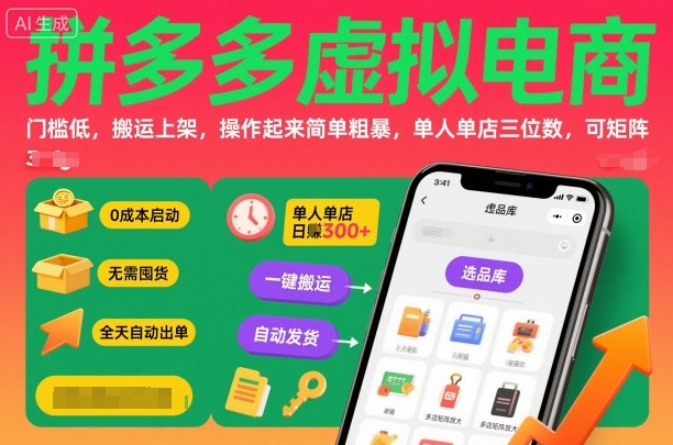 拼多多虚拟电商，门槛低，搬运上架，操作起来简单粗暴，单人单店三位数，可矩阵-U9联盟