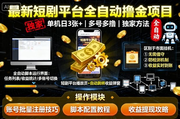 最新短剧平台全自动挂G撸金项目，单机一天3张+，多号多撸，区别于市面所有挂机项目，独家方法【揭秘】-U9联盟