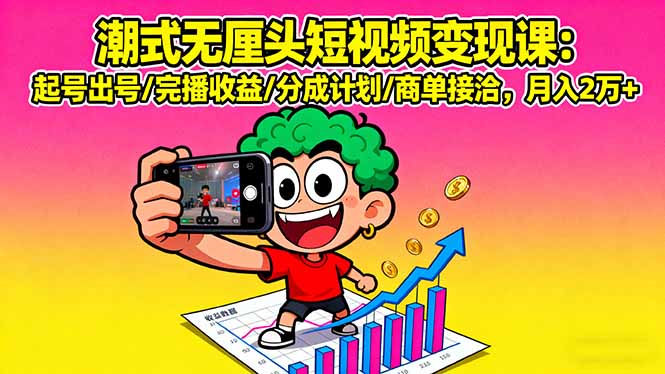 潮式无厘头短视频变现课：起号出号/完播收益/分成计划/商单接洽，月入2万+-U9联盟