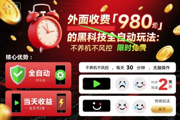 外面收费980的黑科技全自动玩法，不养机不风控，每天30分钟，无脑操作，当天收益2张【揭秘】-U9联盟